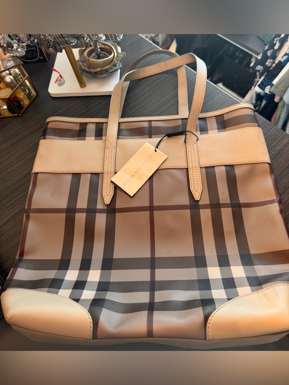 NEW! Burberry Smoked Check Medium Marlow Tote w/Leather trim